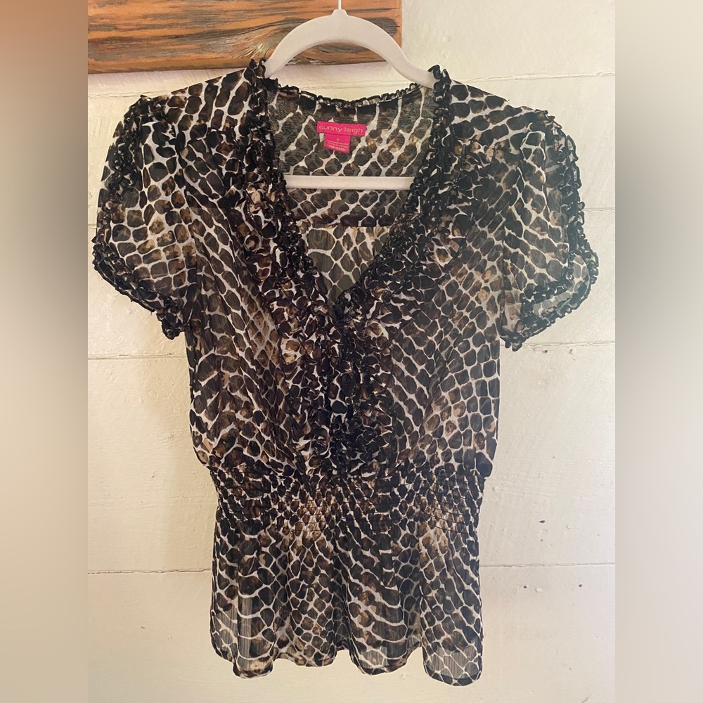 Sunny Leigh - Size Small - Leopard Print Cinched Waist Top with Pleated Accents